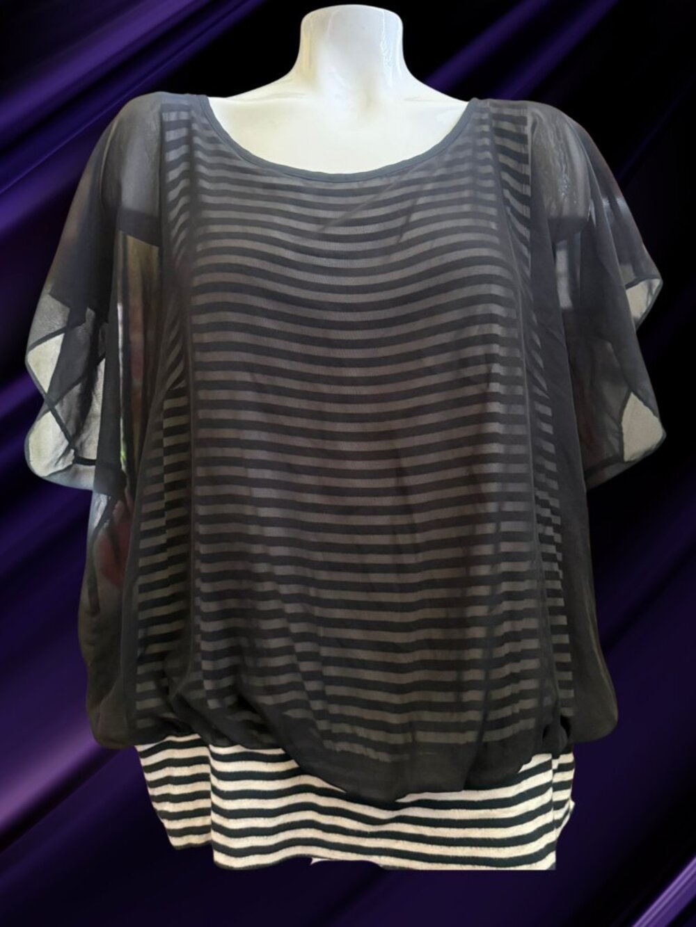 ALYX Woman Sheer Overlay Striped Blouse | Size 1X | Made in USA | Chic Layered T